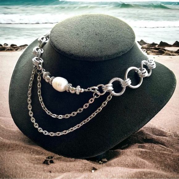 Handmade maille links choker necklace white mother of pearl charm boho goth - Picture 4 of 11